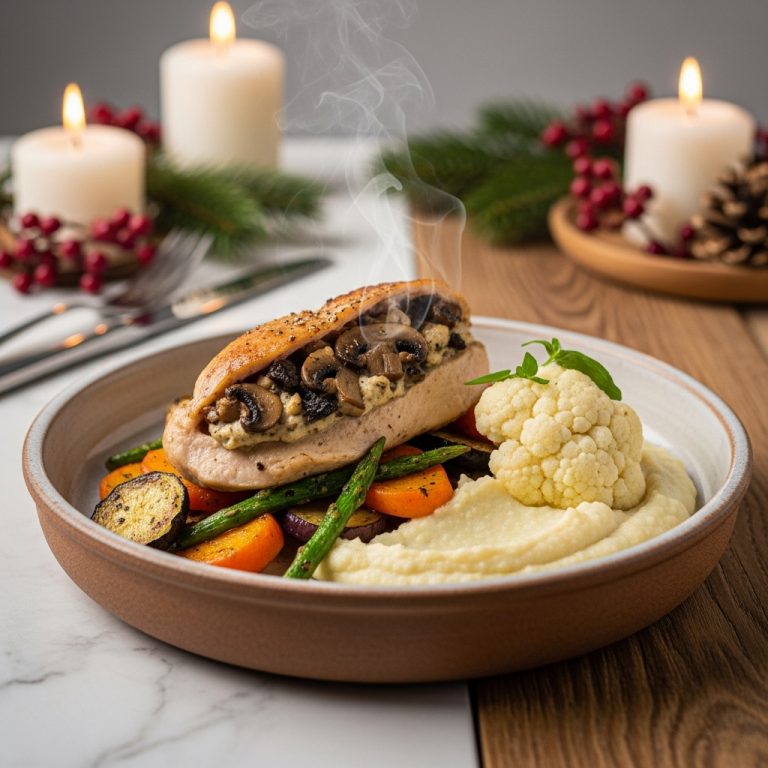 Paleo Polish Lunch: Mushroom Stuffed Chicken Breast with Roasted Vegetables and Creamy Cauliflower Purée